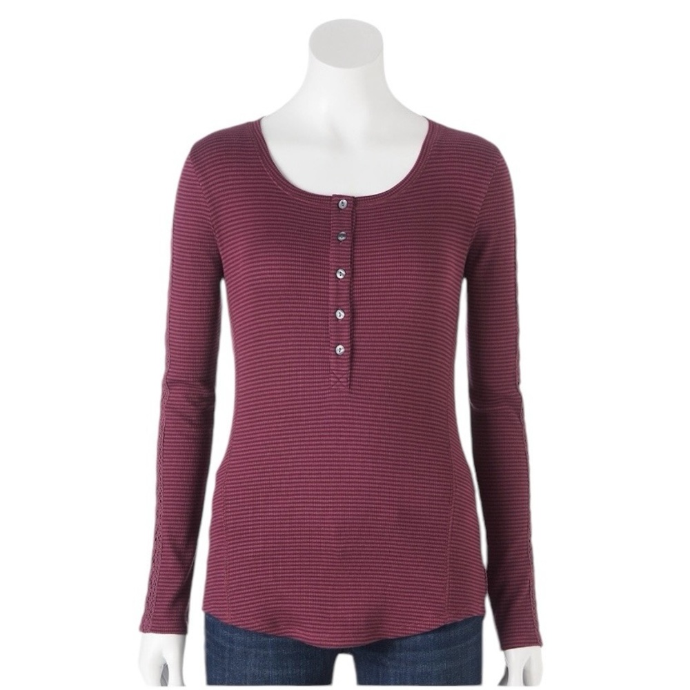 Sonoma 2X Red Plum Striped Ribbed Knit Button Henley Crochet Long Sleeve Top